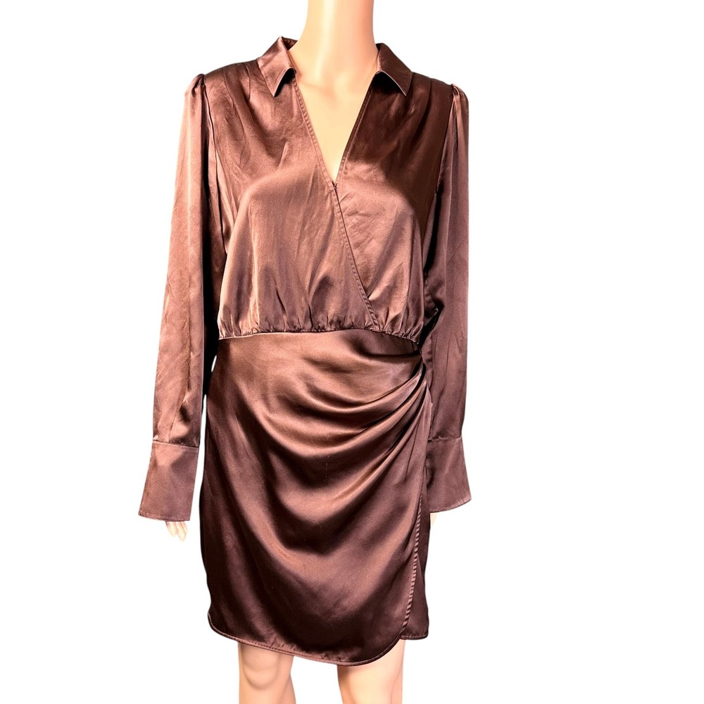 Paige Nyla Silk Wrap Mini Dress Landslide Brown Long Sleeve Collared Size 8 NEW